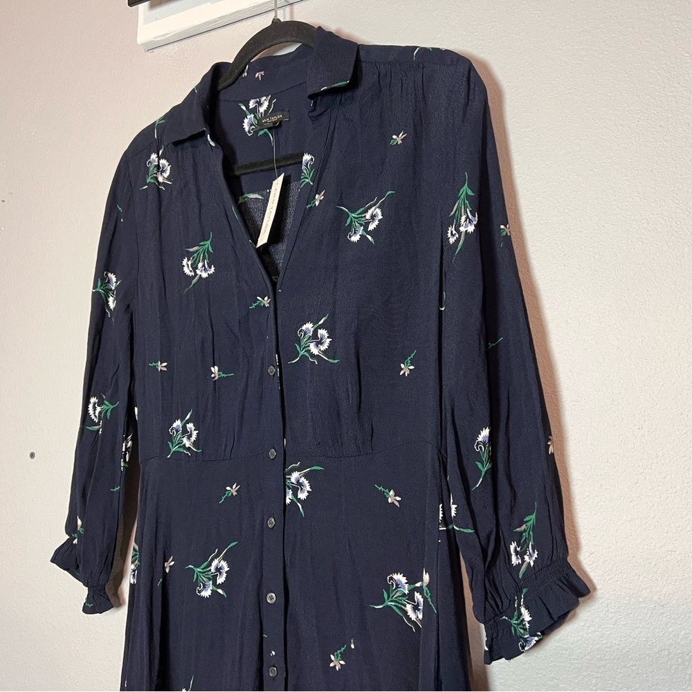 Ann Taylor Floral Button Front Shirt Dress Size 2 Navy Blue Spring Wedding Guest